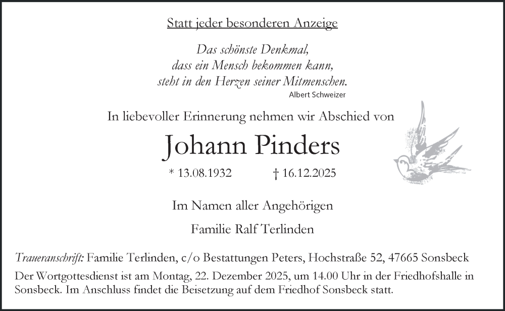  Traueranzeige für Johann Pinders vom 20.12.2025 aus NNA