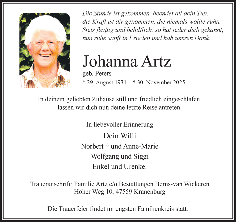  Traueranzeige für Johanna Artz vom 06.12.2025 aus NNA