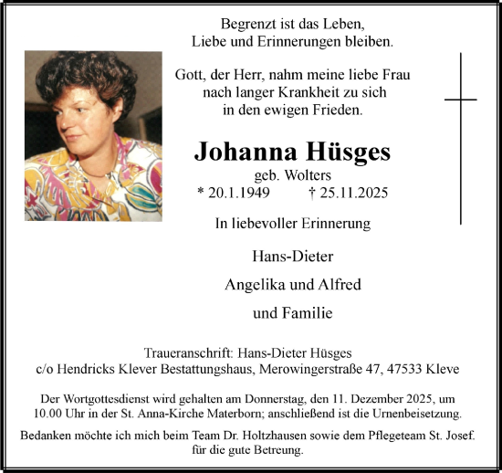 Traueranzeige von Johanna Hüsges von NNA