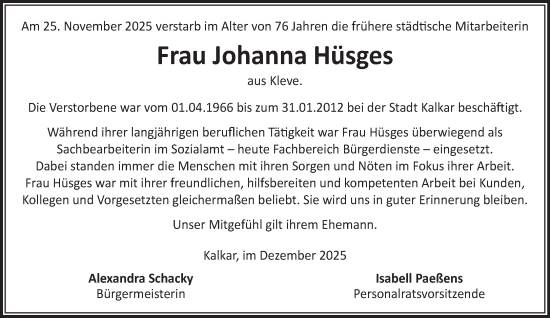 Traueranzeige von Johanna Hüsges von NNA
