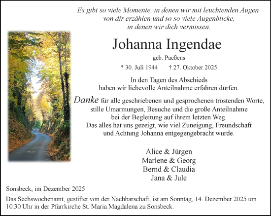 Traueranzeige von Johanna Ingendae von NNA