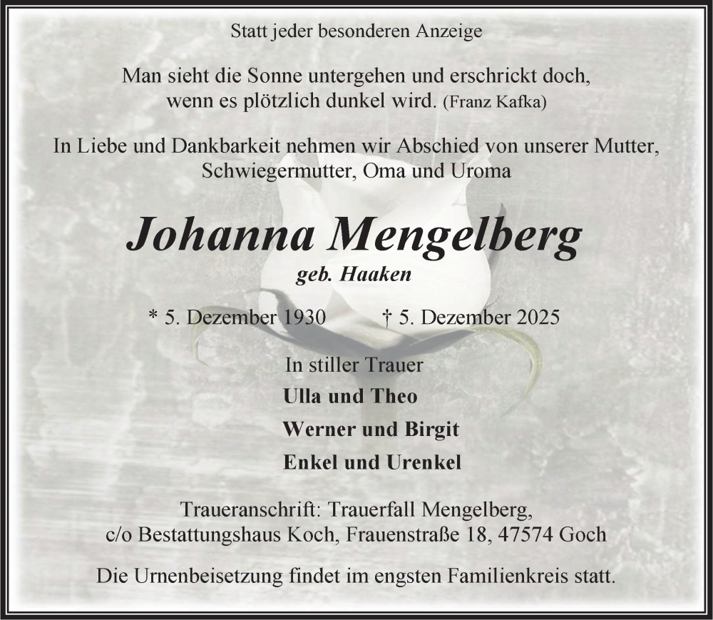  Traueranzeige für Johanna Mengelberg vom 13.12.2025 aus NNA