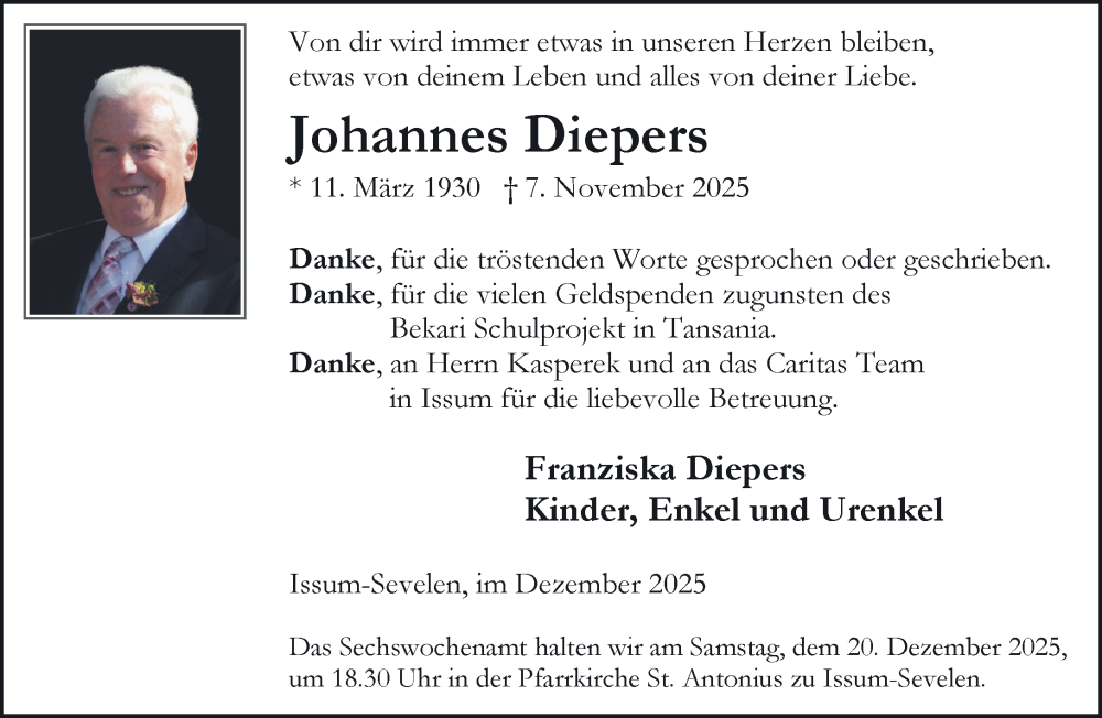  Traueranzeige für Johannes Diepers vom 13.12.2025 aus NNA