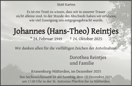 Traueranzeige von Johannes Reintjes von NNA
