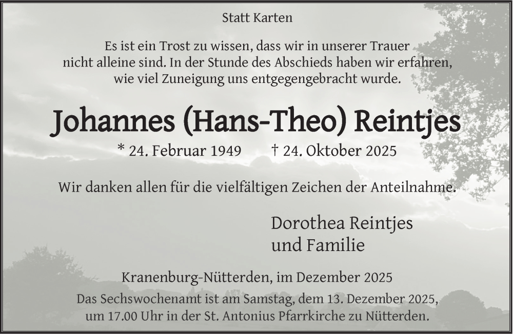  Traueranzeige für Johannes Reintjes vom 06.12.2025 aus NNA