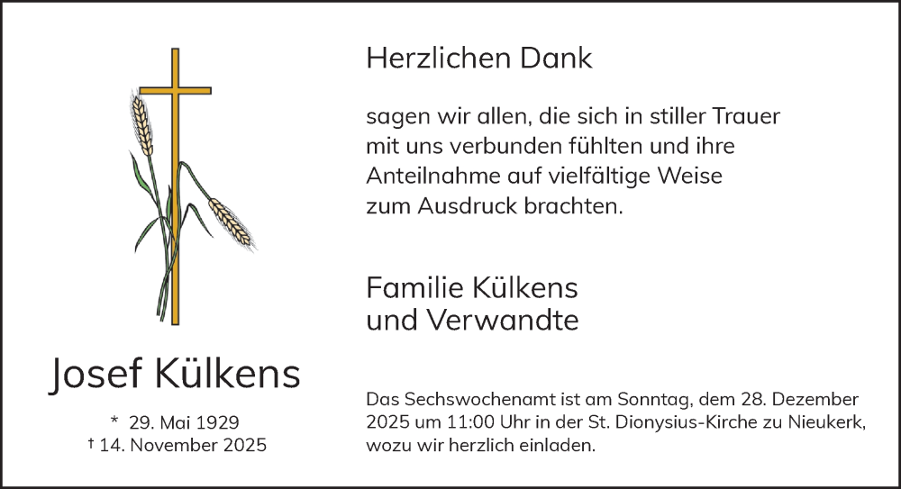  Traueranzeige für Josef Külkens vom 20.12.2025 aus NNA