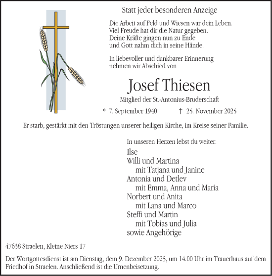 Traueranzeige von Josef Thiesen von NNA