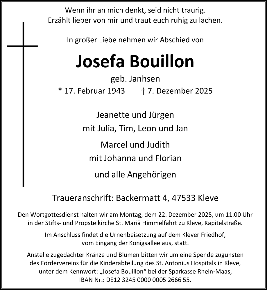  Traueranzeige für Josefa Bouillon vom 13.12.2025 aus NNA