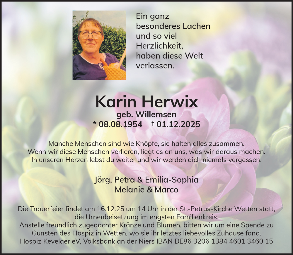  Traueranzeige für Karin Herwix vom 06.12.2025 aus NNA