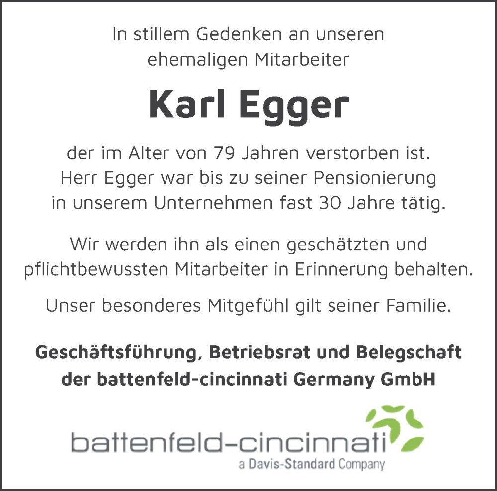  Traueranzeige für Karl Egger vom 06.12.2025 aus NNA