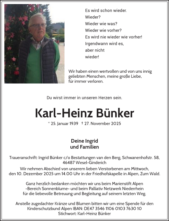 Traueranzeige von Karl-Heinz Bünker von NNA