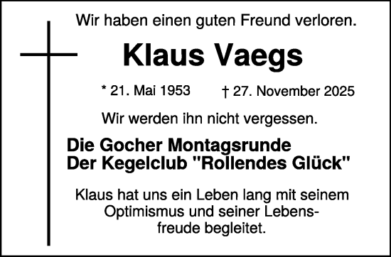 Traueranzeige von Klaus Vaegs von NNA