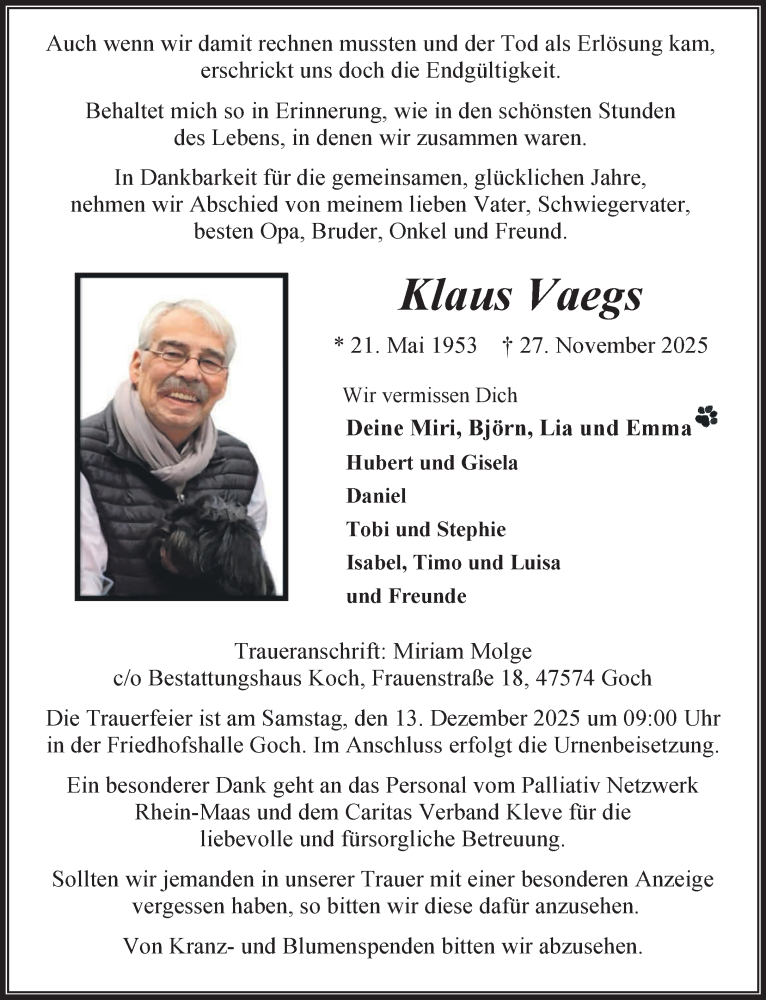  Traueranzeige für Klaus Vaegs vom 06.12.2025 aus NNA