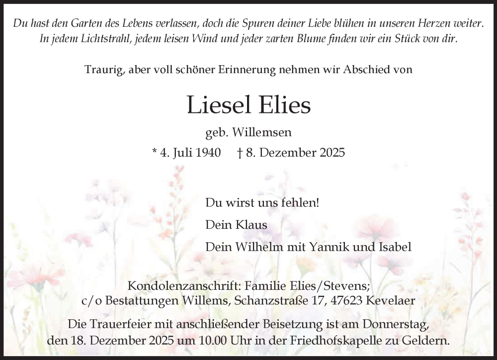  Traueranzeige für Liesel Elies vom 13.12.2025 aus NNA