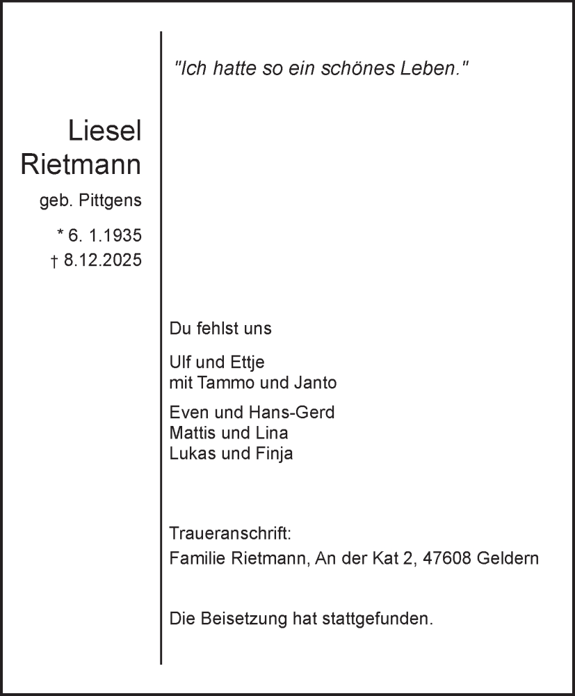  Traueranzeige für Liesel Rietmann vom 13.12.2025 aus NNA