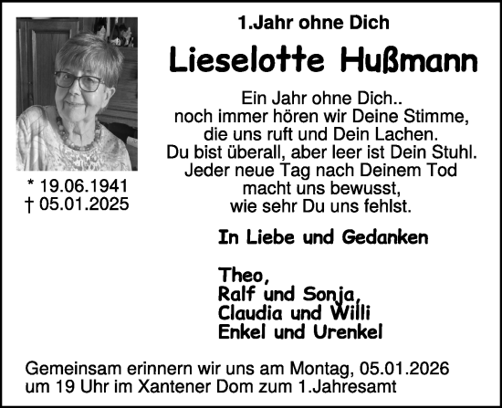 Traueranzeige von Lieselotte Hußmann von NNA