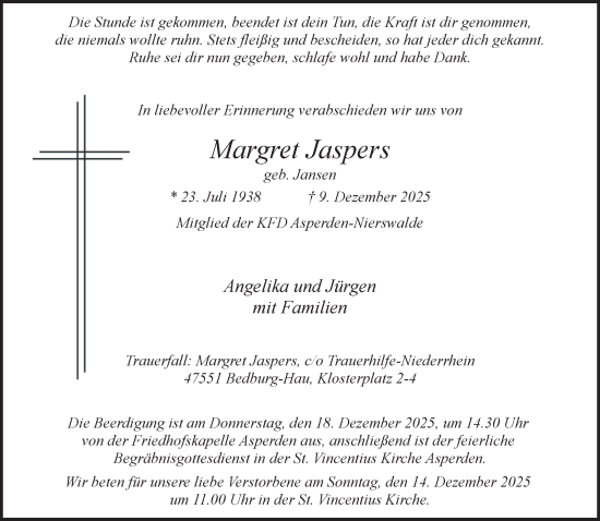 Traueranzeige von Margret Jaspers von NNA