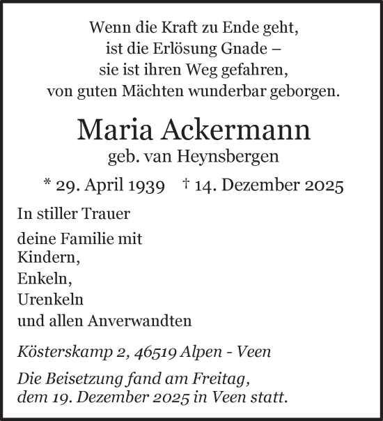 Traueranzeige von Maria Ackermann von NNA
