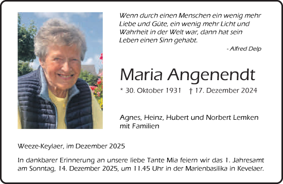 Traueranzeige von Maria Angenendt von NNA