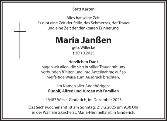 Traueranzeige von Maria Janßen von NNA