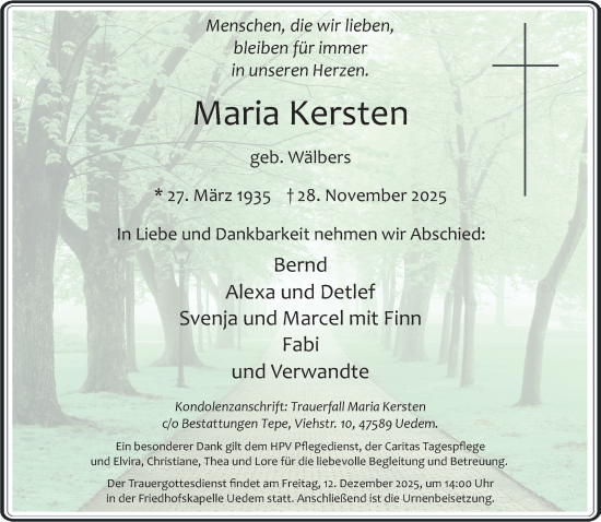 Traueranzeige von Maria Kersten von NNA