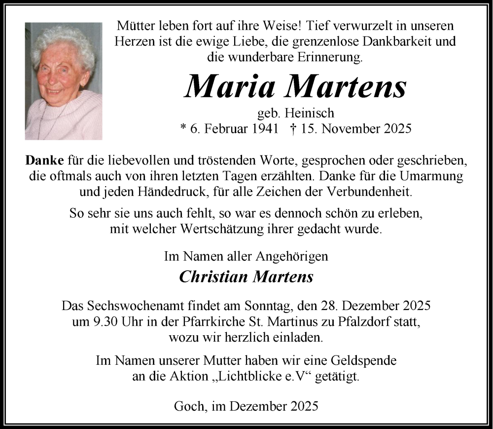 Traueranzeige für Maria Martens vom 27.12.2025 aus NNA