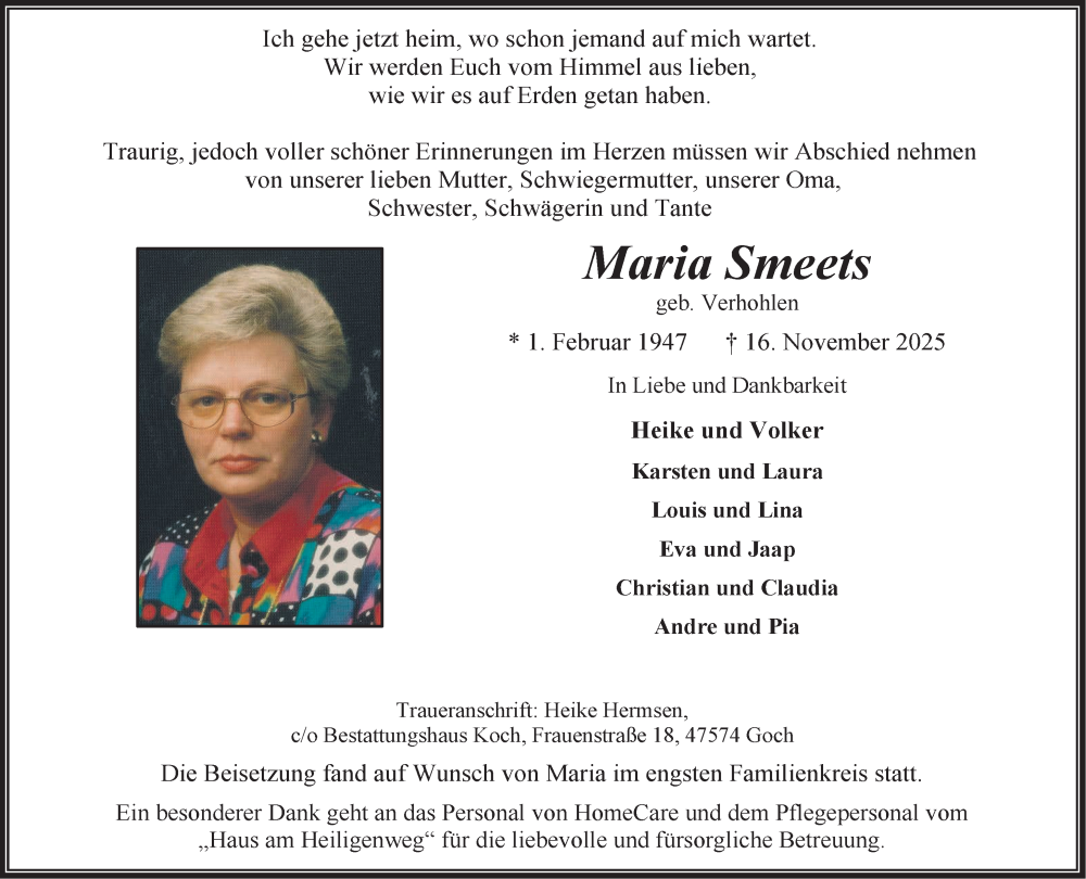  Traueranzeige für Maria Smeets vom 06.12.2025 aus NNA