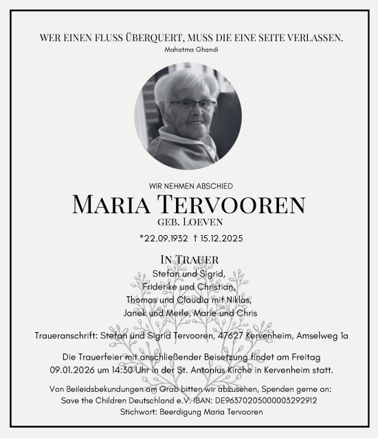 Traueranzeige von Maria Tervooren von NNA