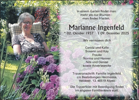 Traueranzeige von Marianne Ingenfeld von NNA