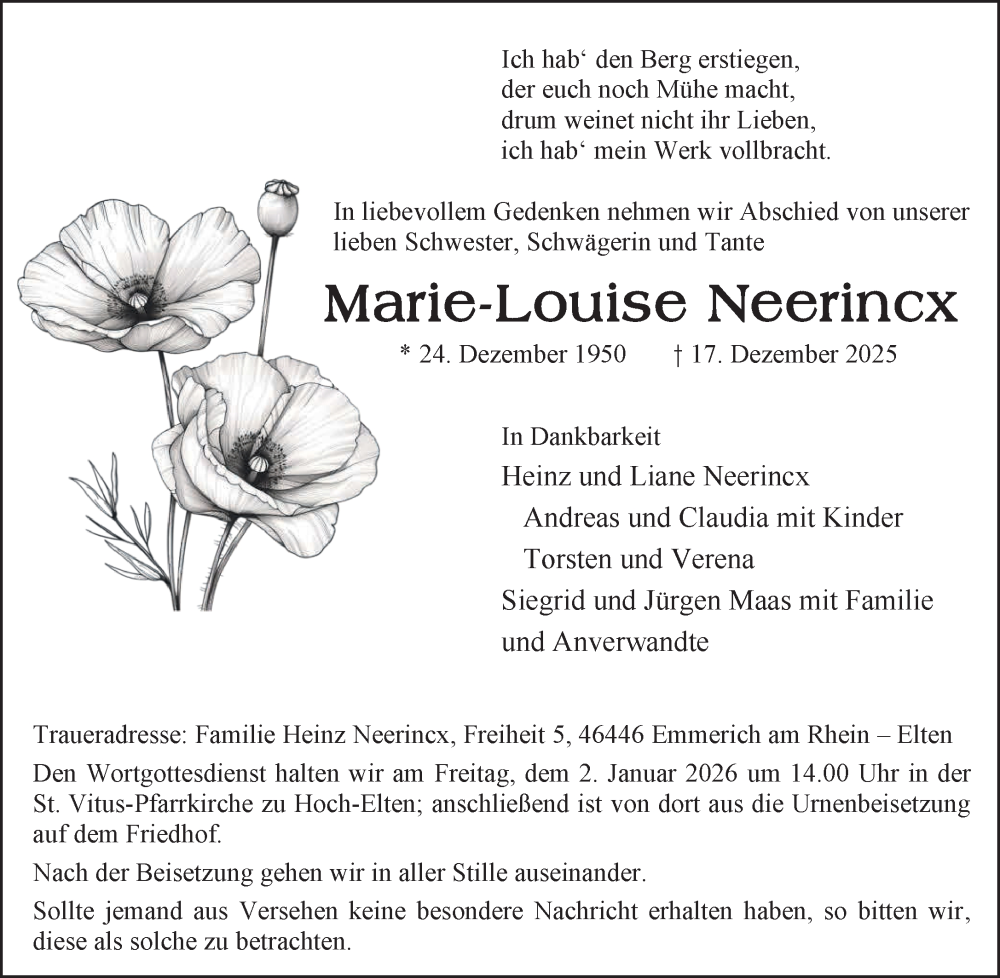  Traueranzeige für Marie-Louise Neerincx vom 27.12.2025 aus NNA