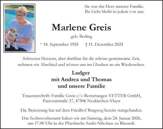 Traueranzeige von Marlene Greis von NNA