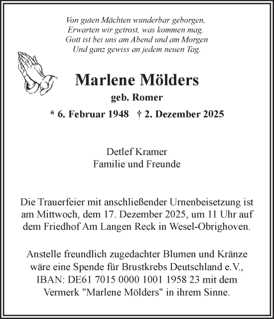 Traueranzeige von Marlene Mölders von NNA