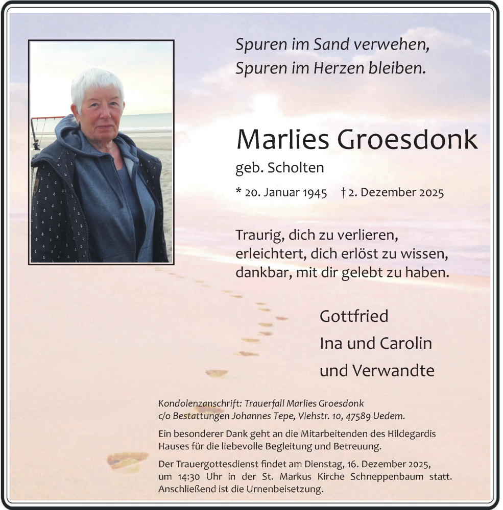 Traueranzeige für Marlies Groesdonk vom 13.12.2025 aus NNA