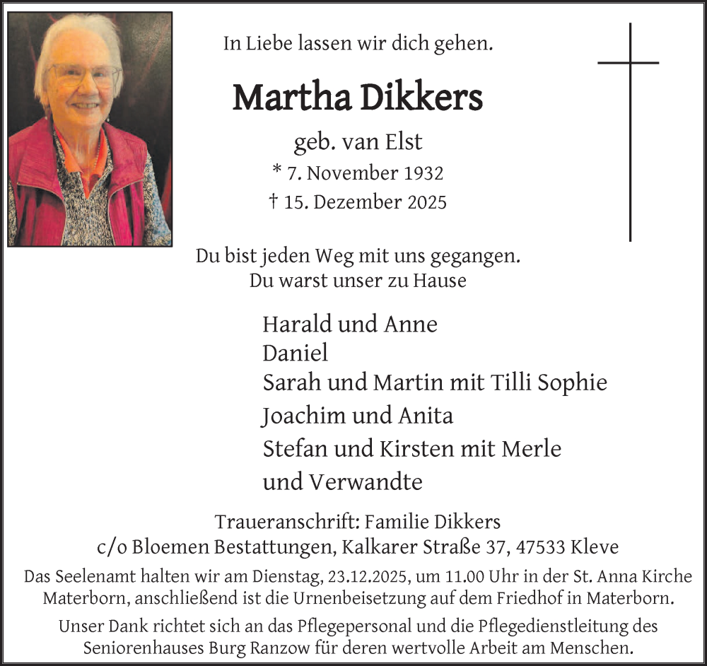  Traueranzeige für Martha Dikkers vom 20.12.2025 aus NNA