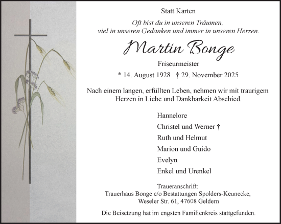 Traueranzeige von Martin Bonge von NNA