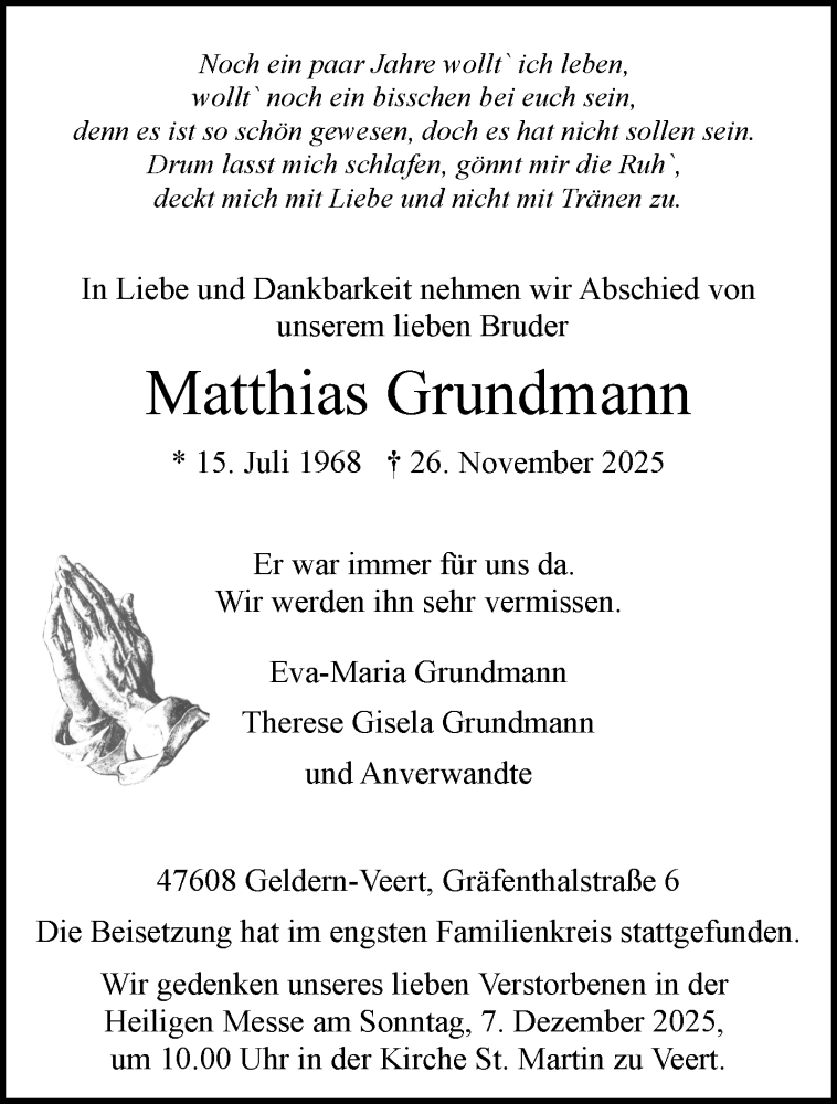  Traueranzeige für Matthias Grundmann vom 06.12.2025 aus NNA
