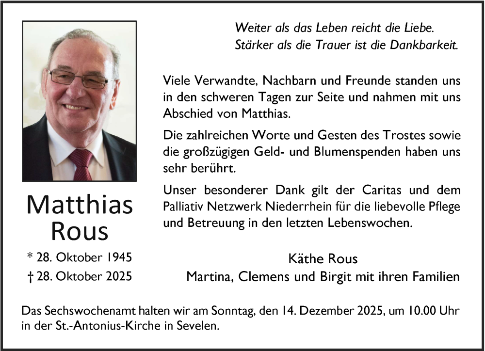  Traueranzeige für Matthias Rous vom 06.12.2025 aus NNA
