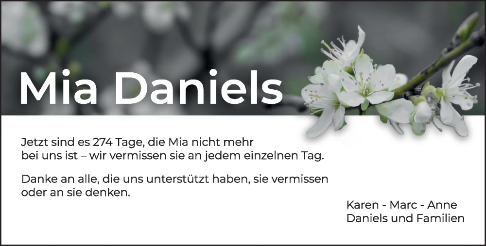  Traueranzeige für Mia Daniels vom 20.12.2025 aus NNA