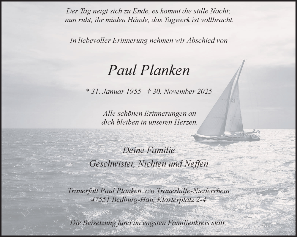  Traueranzeige für Paul Planken vom 13.12.2025 aus NNA