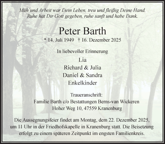 Traueranzeige von Peter Barth von NNA