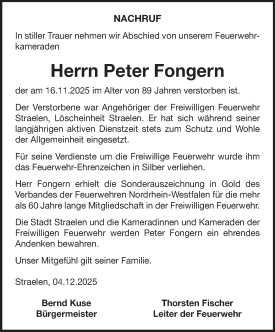 Traueranzeige von Peter Fongern von NNA