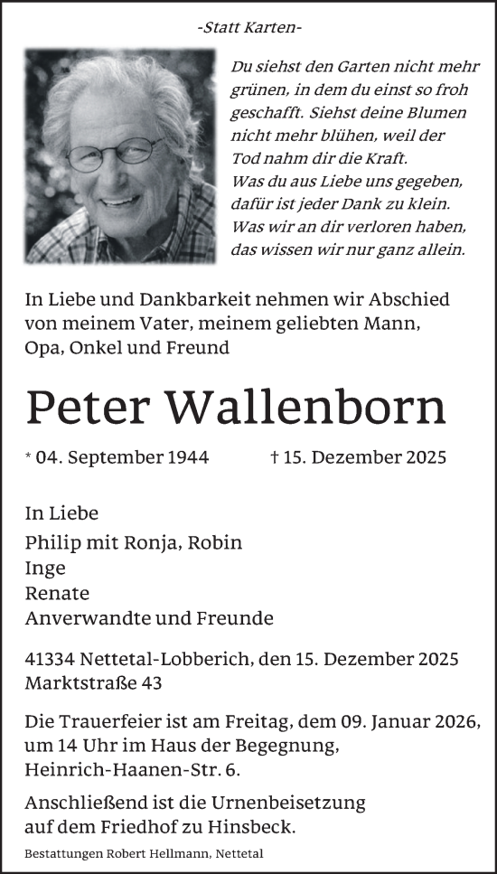 Traueranzeige von Peter Wallenborn von NNA