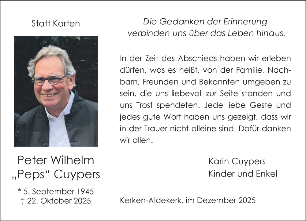  Traueranzeige für Peter Wilhelm Cuypers vom 06.12.2025 aus NNA