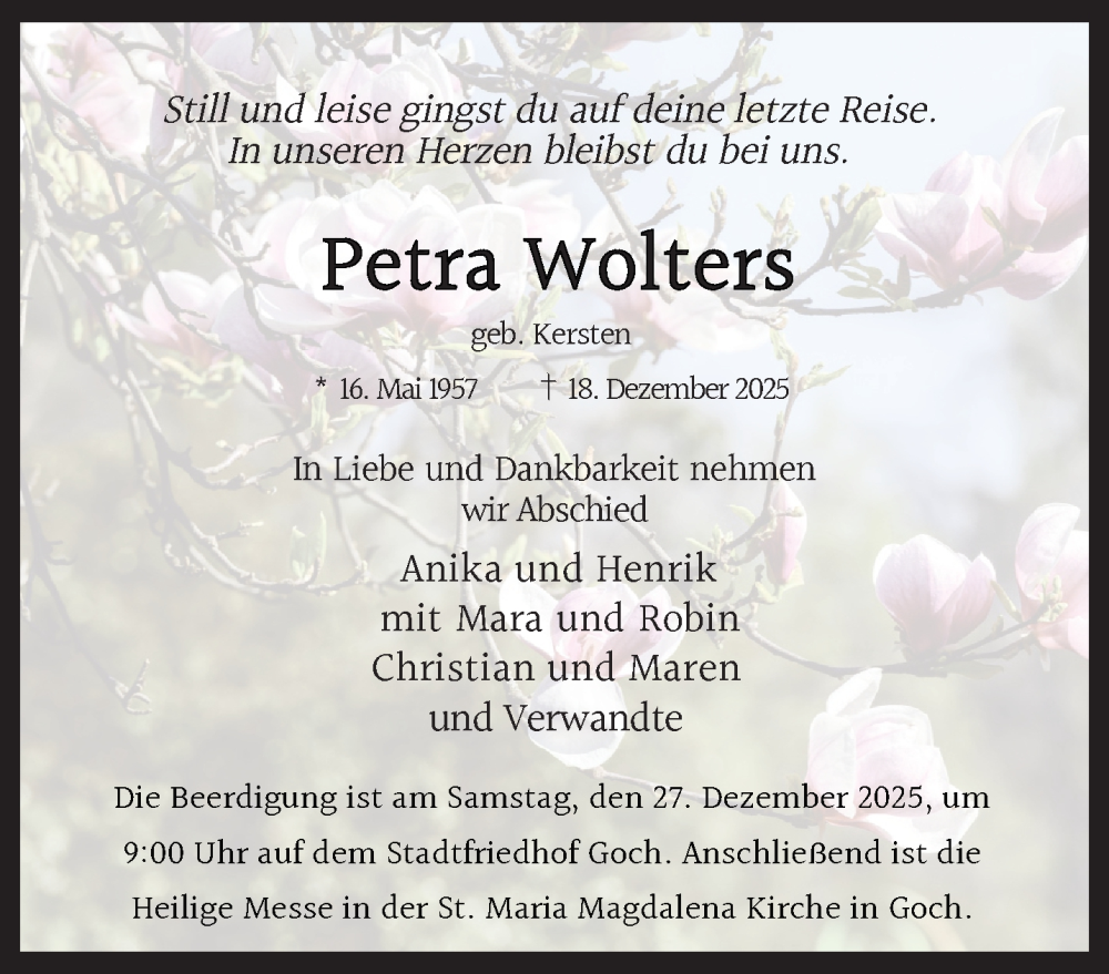  Traueranzeige für Petra Wolters vom 27.12.2025 aus NNA