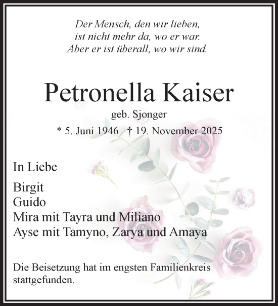 Traueranzeige von Petronella Kaiser von NNA