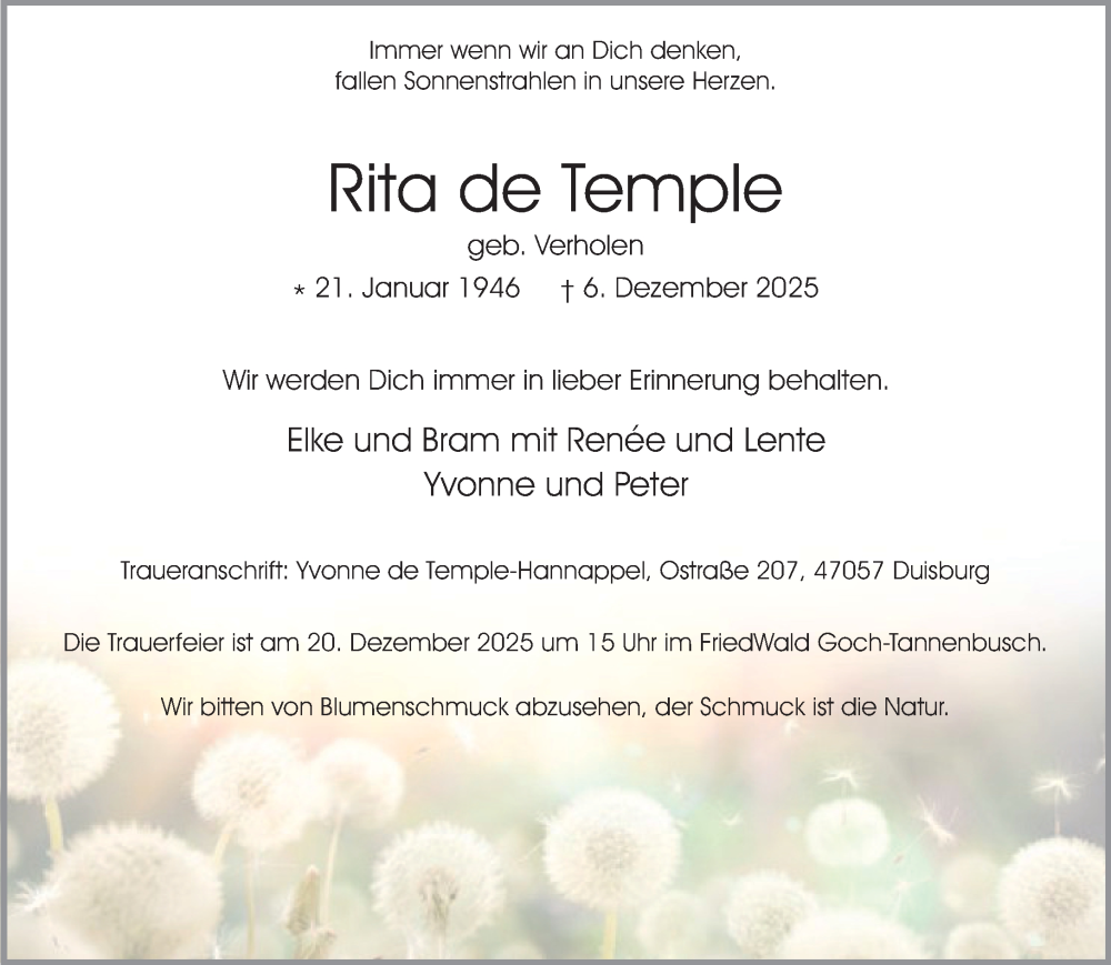  Traueranzeige für Rita de Temple vom 13.12.2025 aus NNA