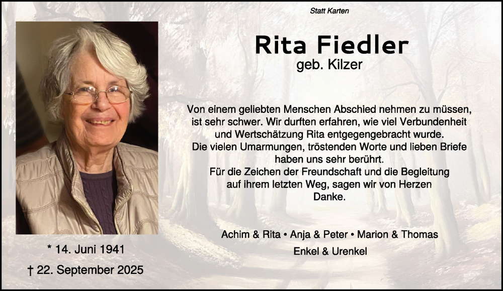  Traueranzeige für Rita Fiedler vom 13.12.2025 aus NNA