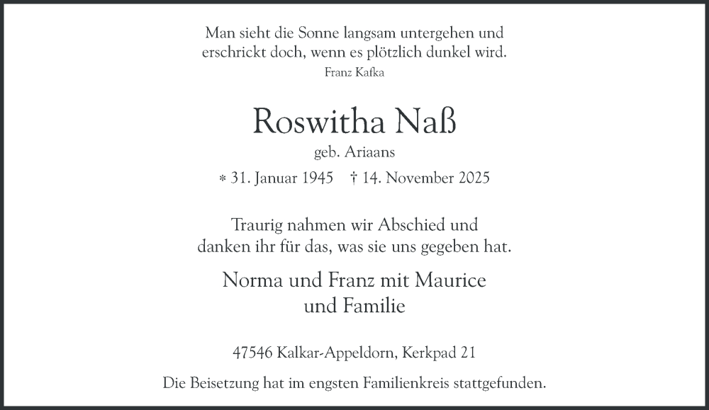  Traueranzeige für Roswitha Naß vom 06.12.2025 aus NNA
