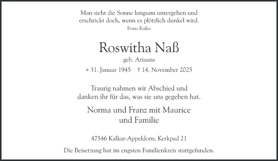Traueranzeige von Roswitha Naß von NNA