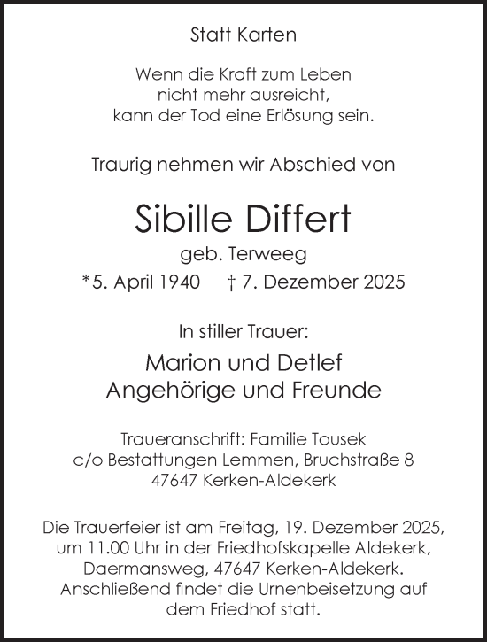 Traueranzeige von Sibille Differt von NNA
